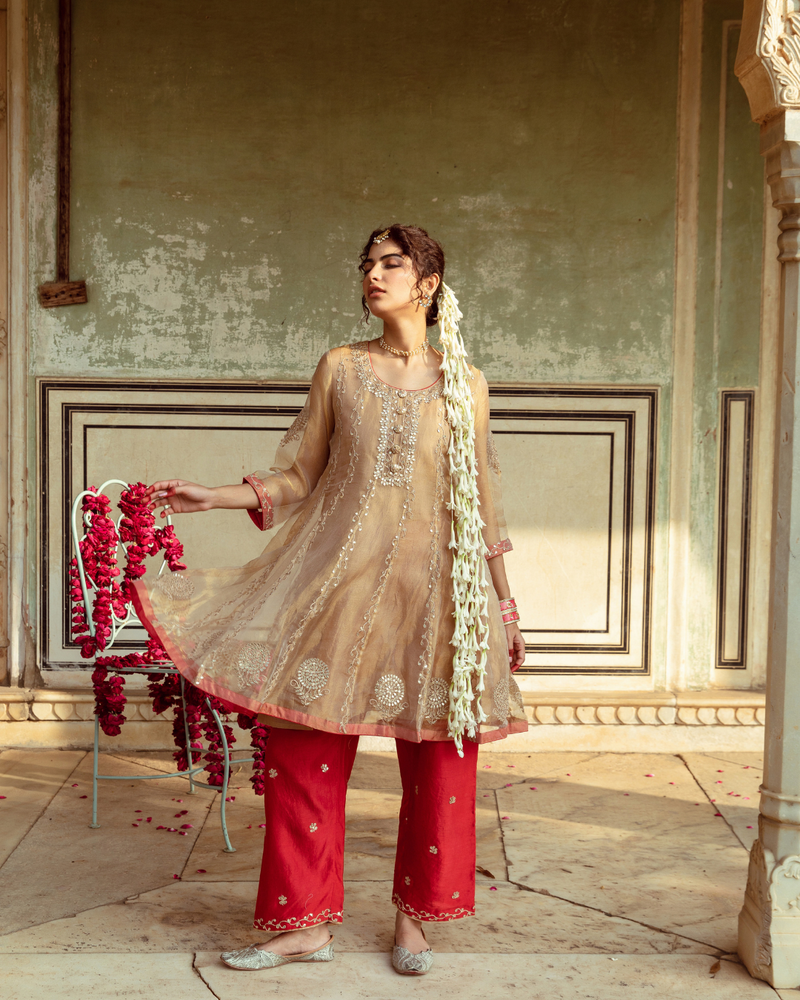 Golden Tissue Silk Kurta Set silk by Maison Shefali in multi color for women Worldwide