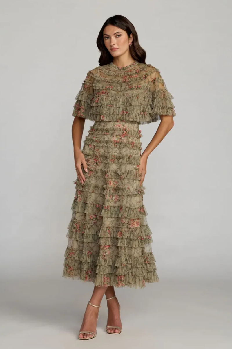 Green Floral Ruffle Midi Dress With Cape by Mac Duggal in olive color for women Worldwide