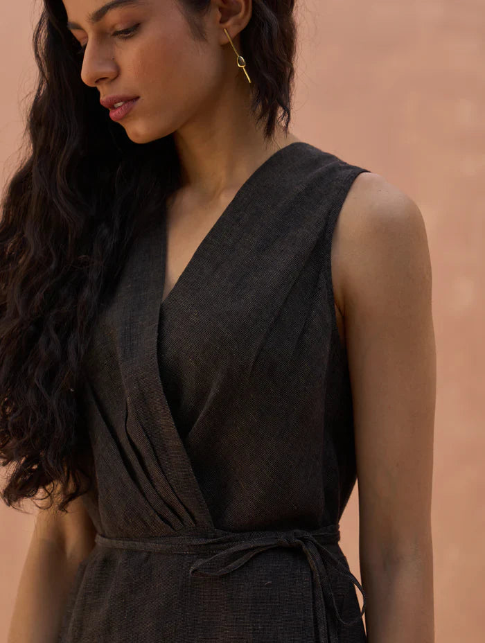 Maya Linen Wrap Dress - Charcoal by Manan in charcoal color for women Worldwide