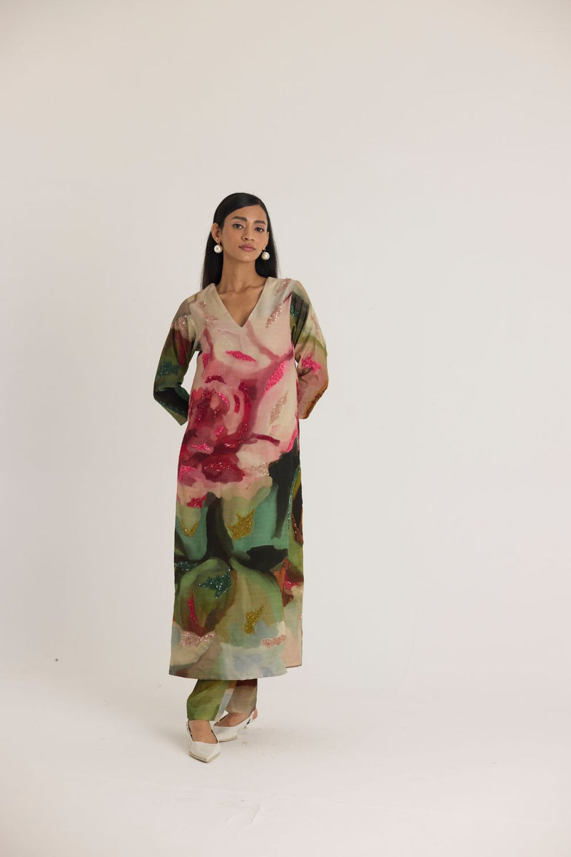 TILLY EMROIDERED LONG V NECK KURTA SET mul by Yam in multi color for women Worldwide