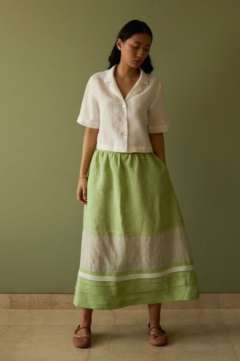 Ora Pleated Border Linen Skirt-Meadow linen by Manan in green color for women Worldwide