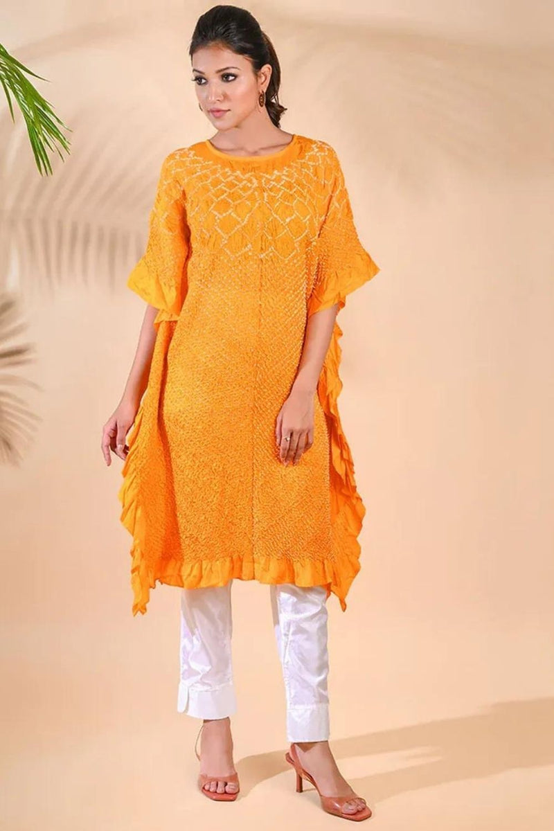 SUNFLOWER KAFTAN-MUSTARD YELLOW silk by Dyelogue in yellow color for women Worldwide