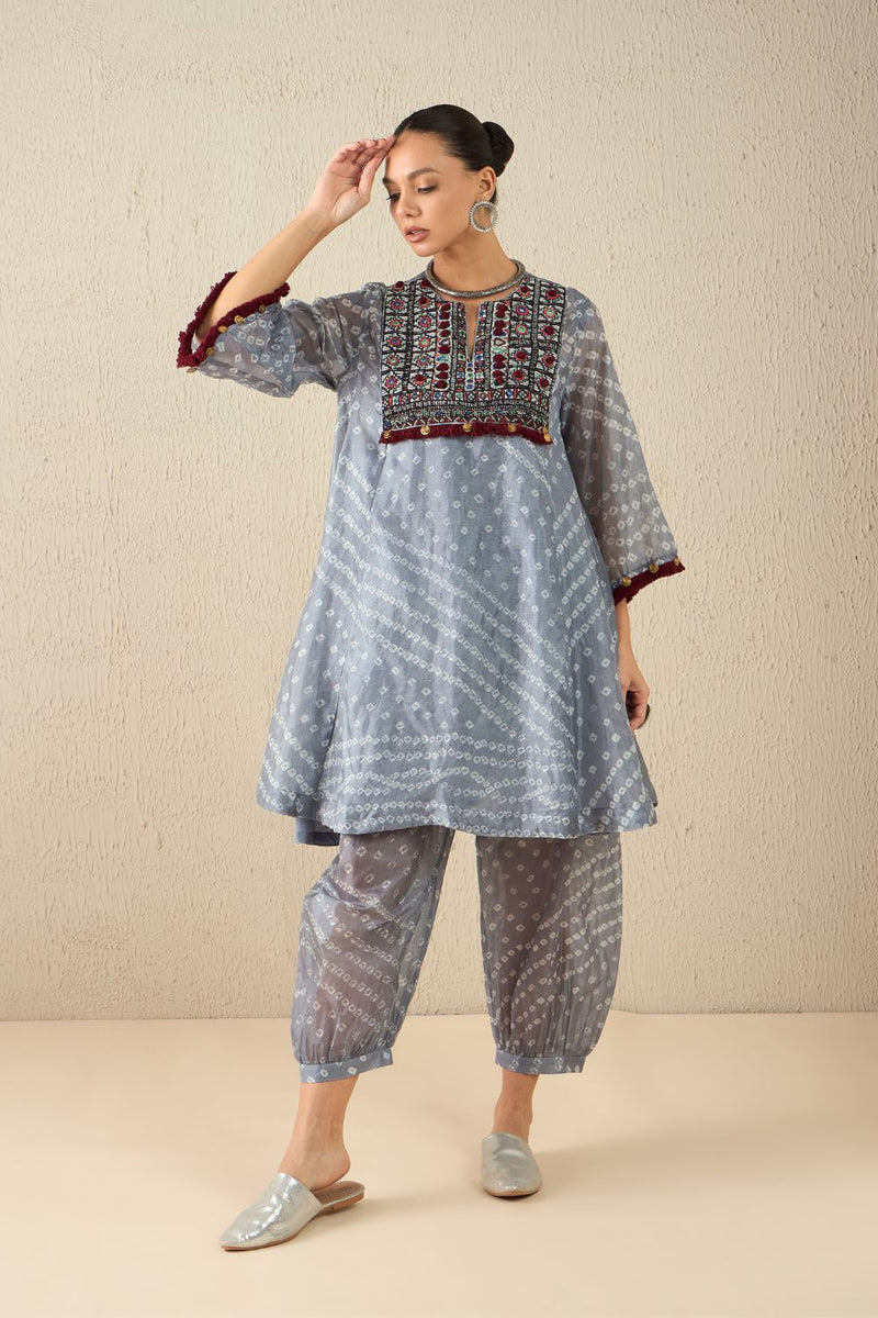 AFGHANI BANDHANI SET - Light Grey silk by Aavidi in yellow color for women Worldwide