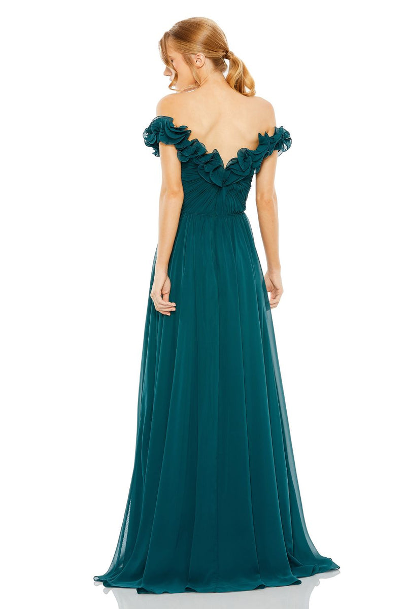 11591-Ruched Off The Shoulder A Line Gown by Mac Duggal in blue color for women Worldwide