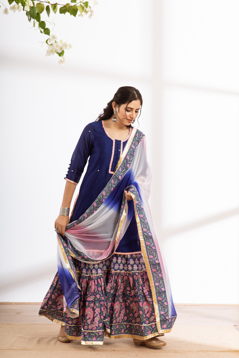 Rasika Neela Sharara Set - blue hand block printed chanderi sharara set chanderi by Maison Shefali in blue color for women Worldwide