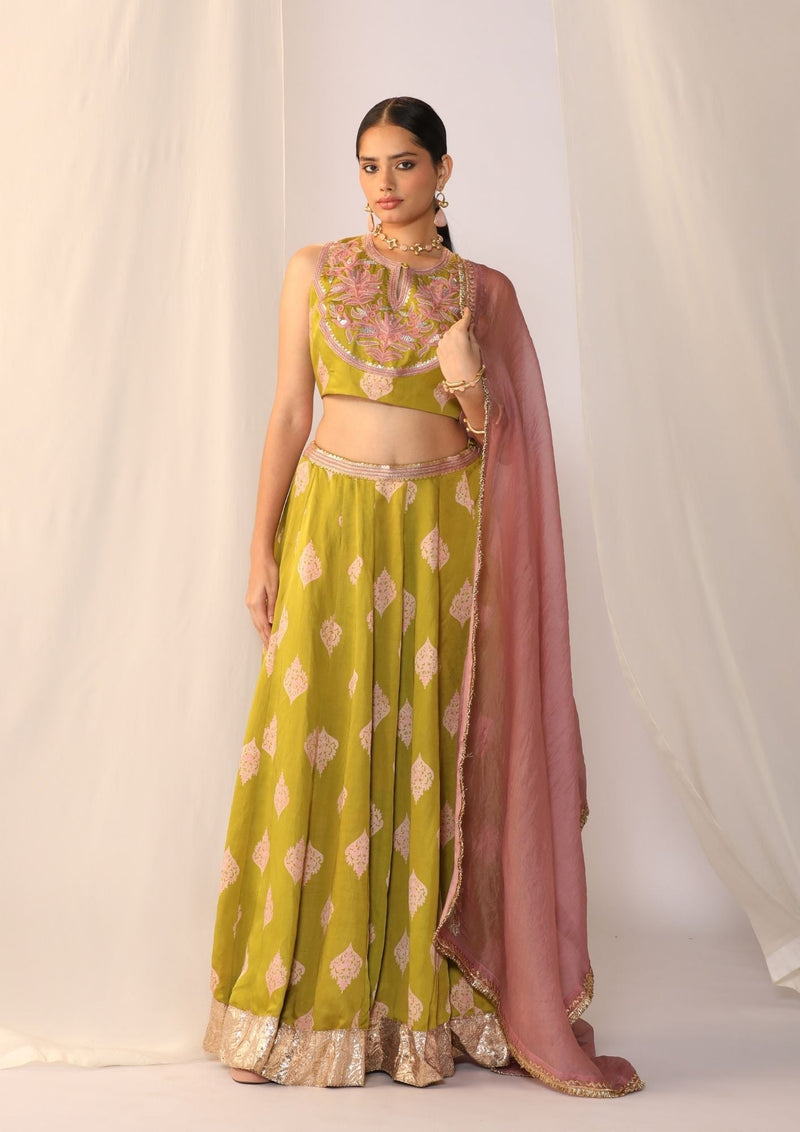 Block printed satin lehenga choli with duppata satin by Myoho in green color for women Worldwide