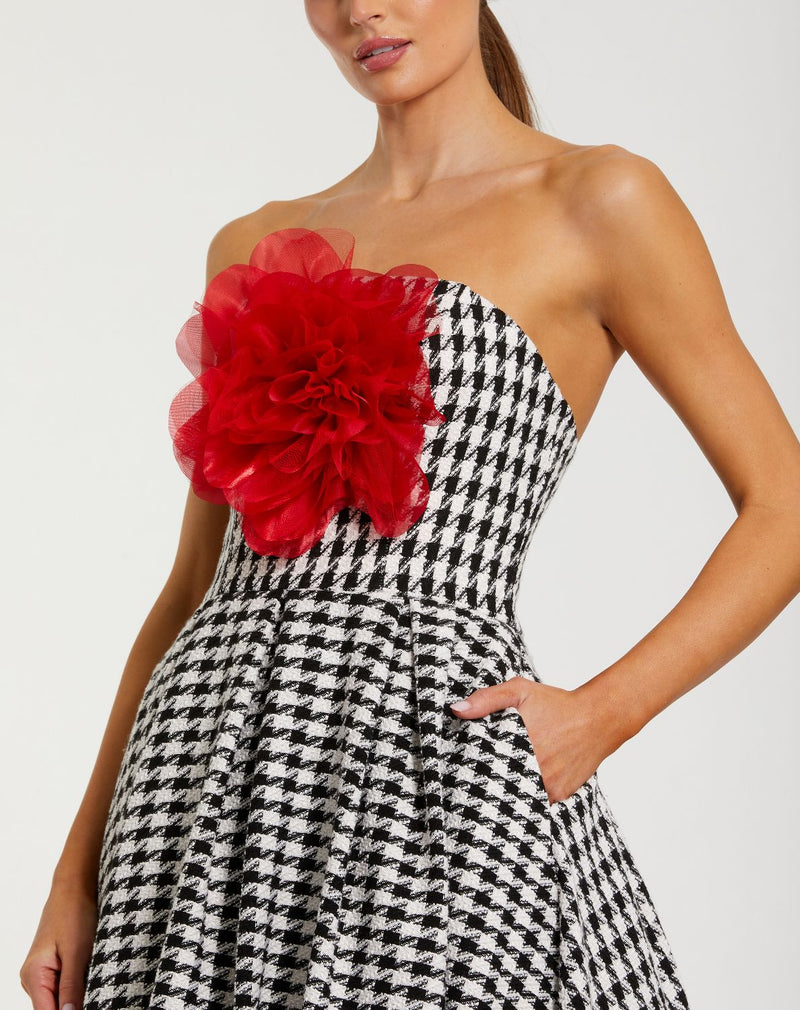 37068-Black and White Strapless Boucle A Line Midi Dress With 3D Flower by Mac Duggal in black color for women Worldwide