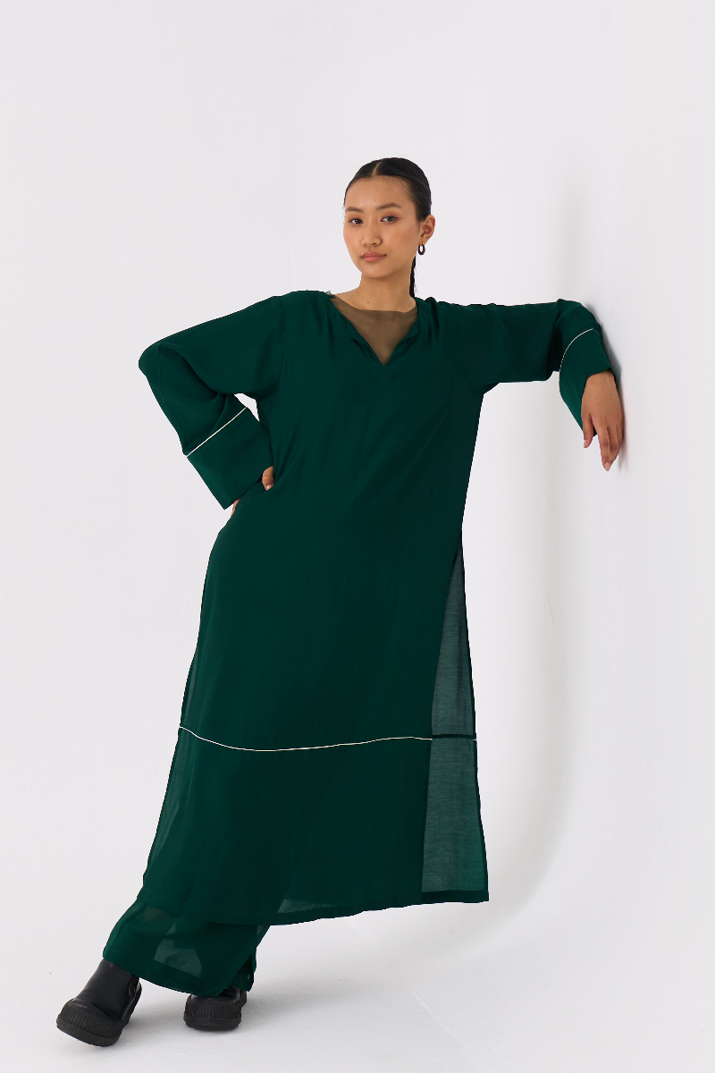 V-NECK KAFTAN- DARK GREEN bemberg by THREE in green color for women Worldwide