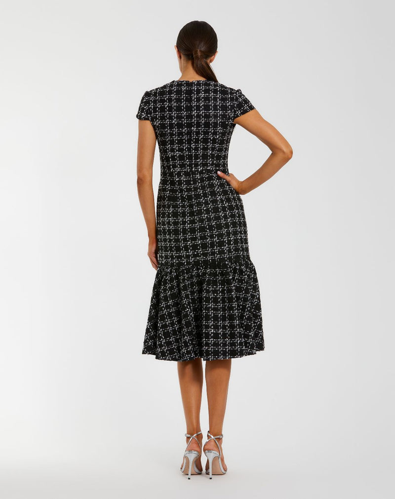 37071-Black Cap Sleeve Boucle A Line Midi Dress by Mac Duggal in silver color for women Worldwide