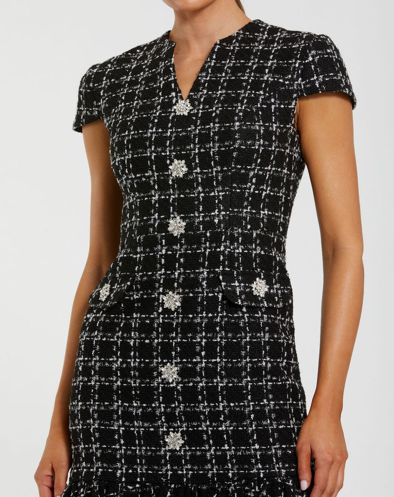37071-Black Cap Sleeve Boucle A Line Midi Dress by Mac Duggal in silver color for women Worldwide