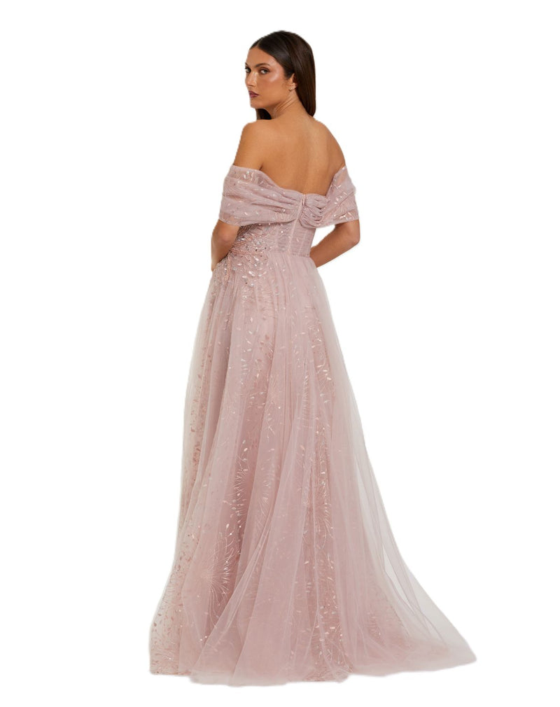 37083 - Pink Embroidered Tulle Off The Shoulder Ball Gown polyester evening gowns by Mac Duggal in pink for women Worldwide