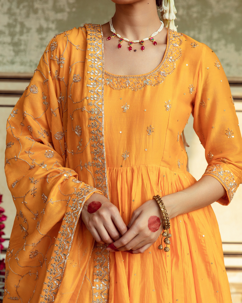 Yellow Zardozi & Gota Patti Kalidar Set silk by Maison Shefali in yellow color for women Worldwide