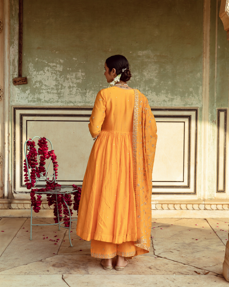 Yellow Zardozi & Gota Patti Kalidar Set silk by Maison Shefali in yellow color for women Worldwide