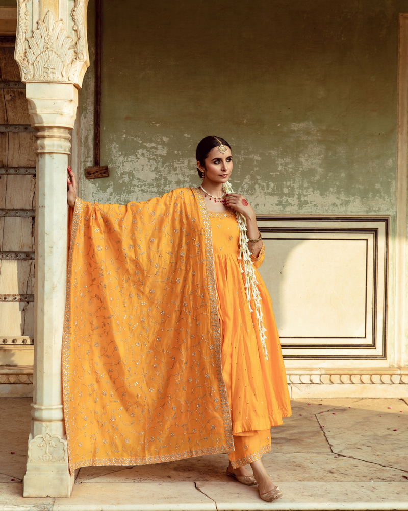 Yellow Zardozi & Gota Patti Kalidar Set silk by Maison Shefali in yellow color for women Worldwide