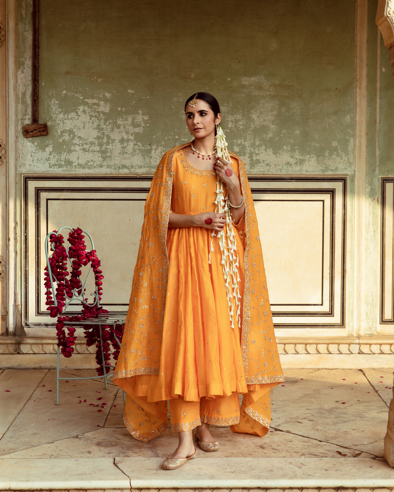 Yellow Zardozi & Gota Patti Kalidar Set silk by Maison Shefali in yellow color for women Worldwide