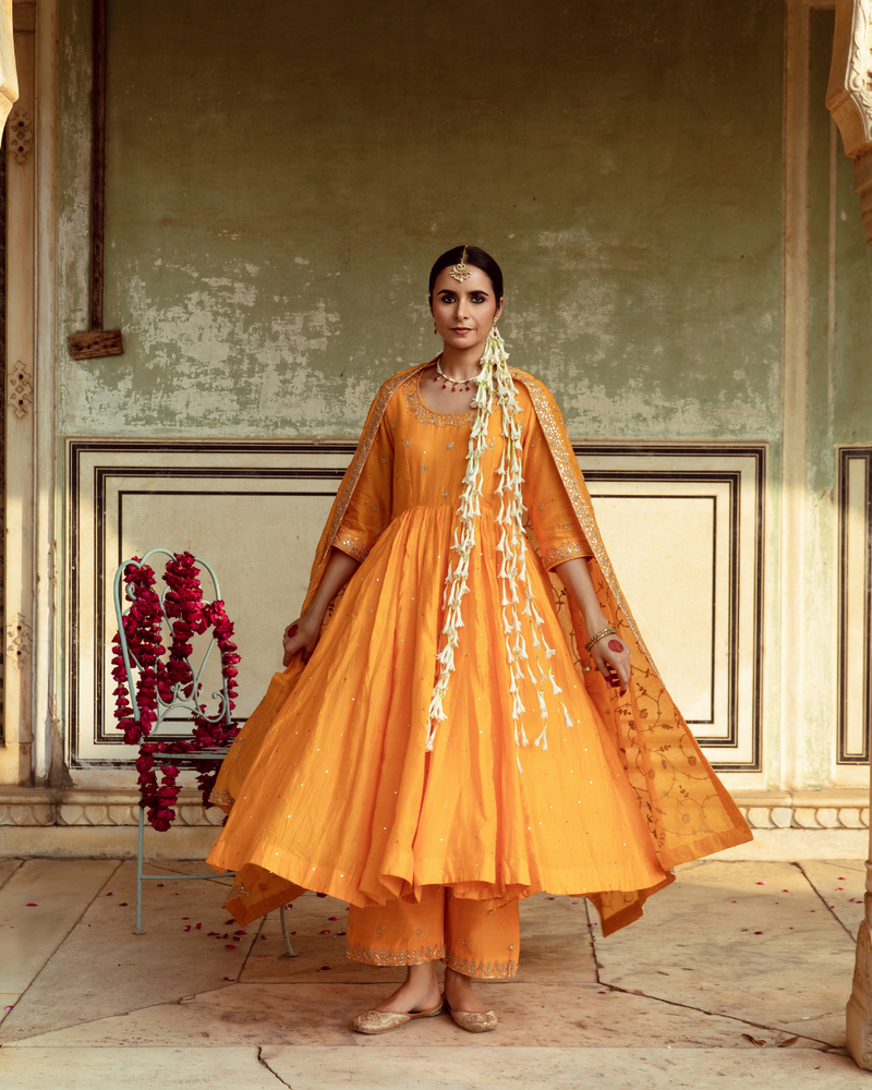 Yellow Zardozi & Gota Patti Kalidar Set silk by Maison Shefali in yellow color for women Worldwide