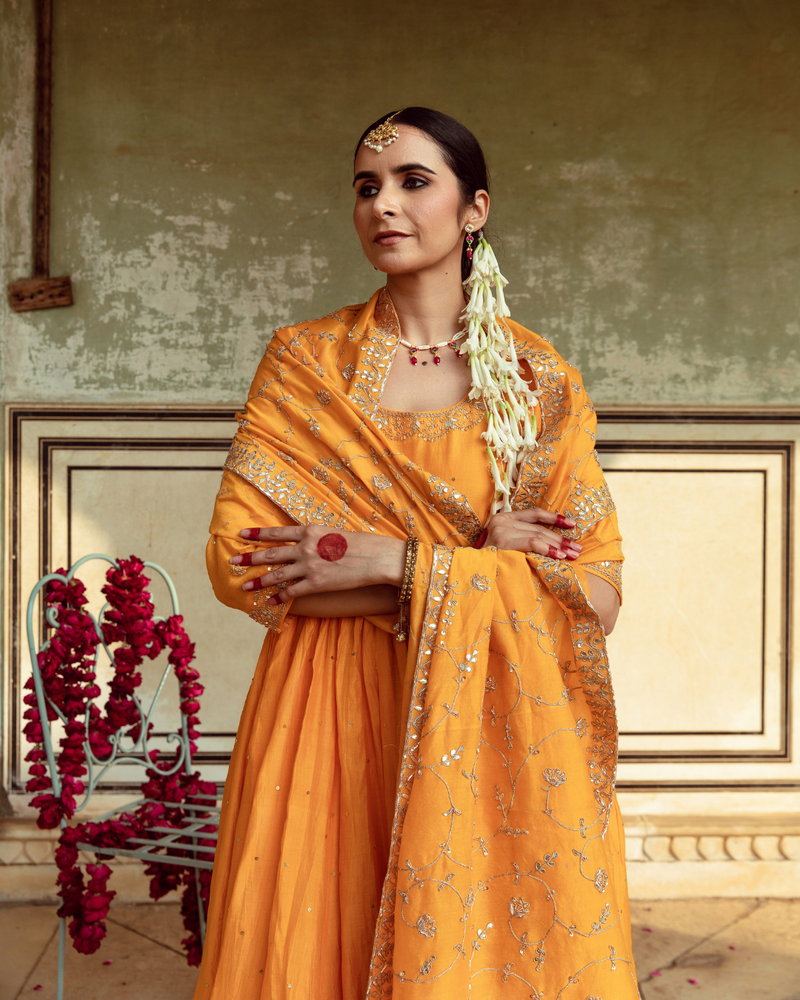 Yellow Zardozi & Gota Patti Kalidar Set silk by Maison Shefali in yellow color for women Worldwide