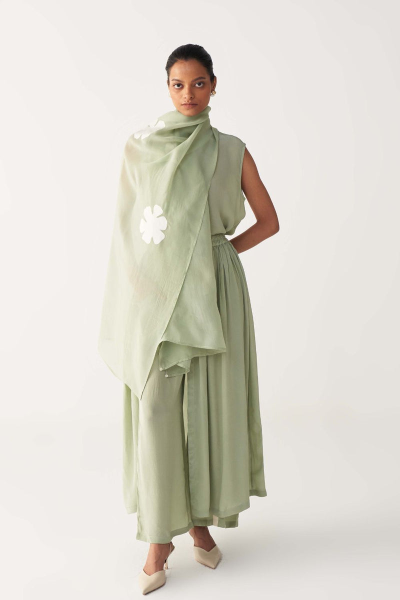 ROUND NECK TOP CO-ORD (SET OF 3)-MINT silk by THREE in mint color for women Worldwide
