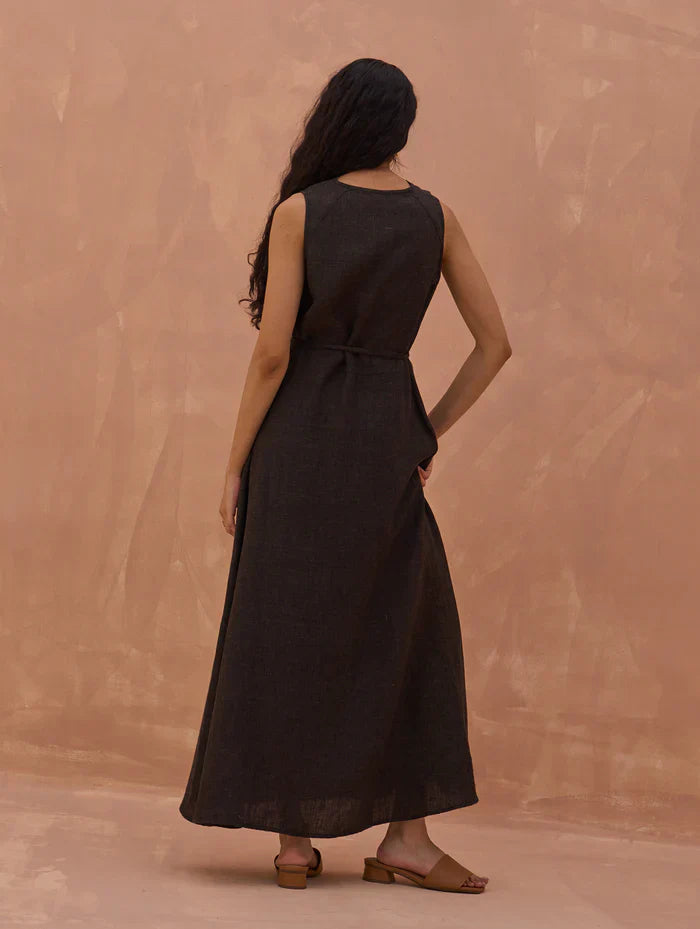 Maya Linen Wrap Dress - Charcoal by Manan in charcoal color for women Worldwide
