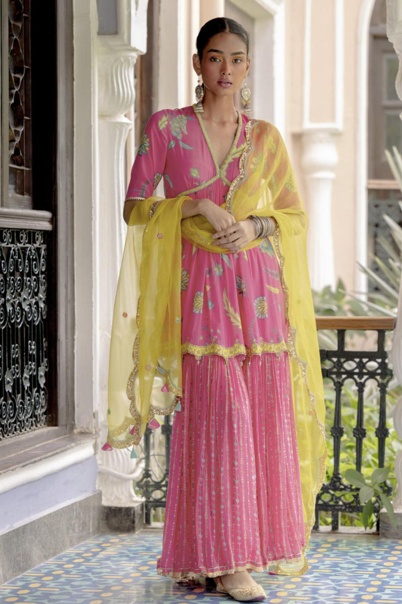 Fariba Bright Pink Printed Scallop Gharara Set Kurta Sets by Rajiramniq for women Worldwide
