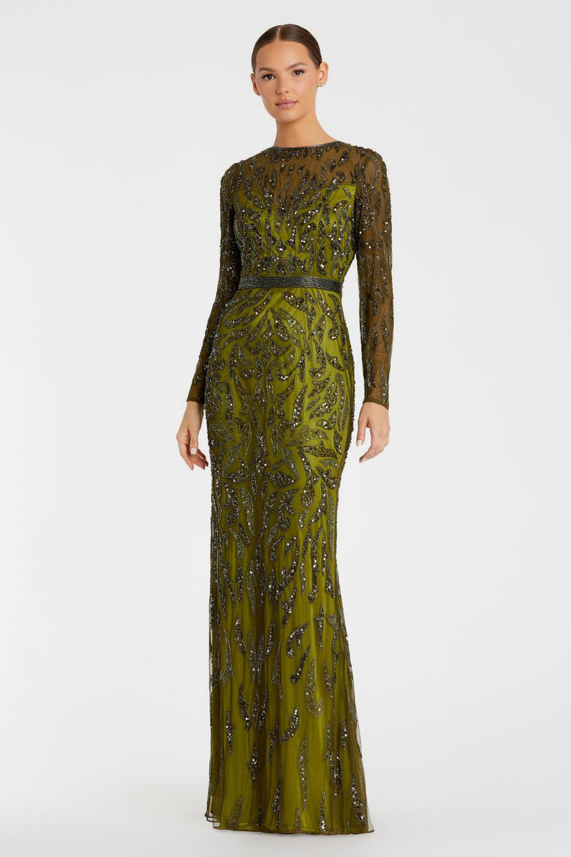 5124-Beaded Long Sleeve Evening Gown by Mac Duggal in olive color for women Worldwide
