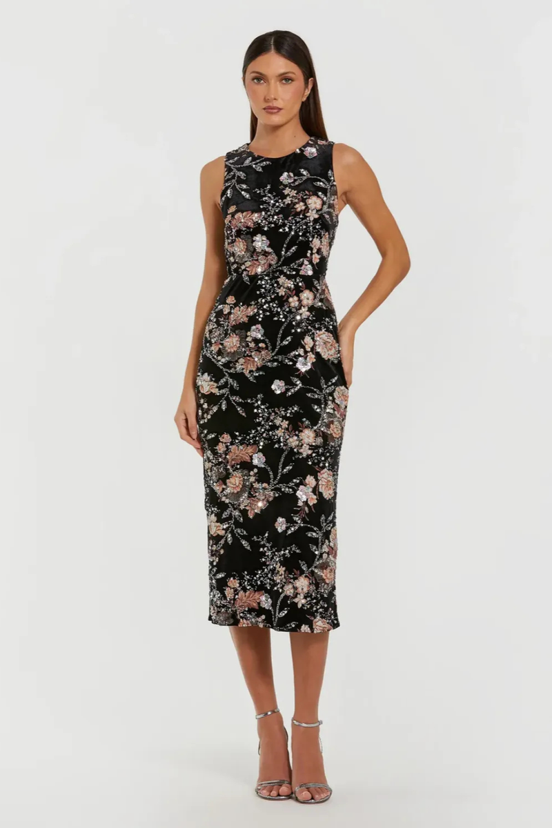 Black Velvet High Neck Sequined Midi Dress with Multicolor Embroidery mul by Mac Duggal in black color for women Worldwide