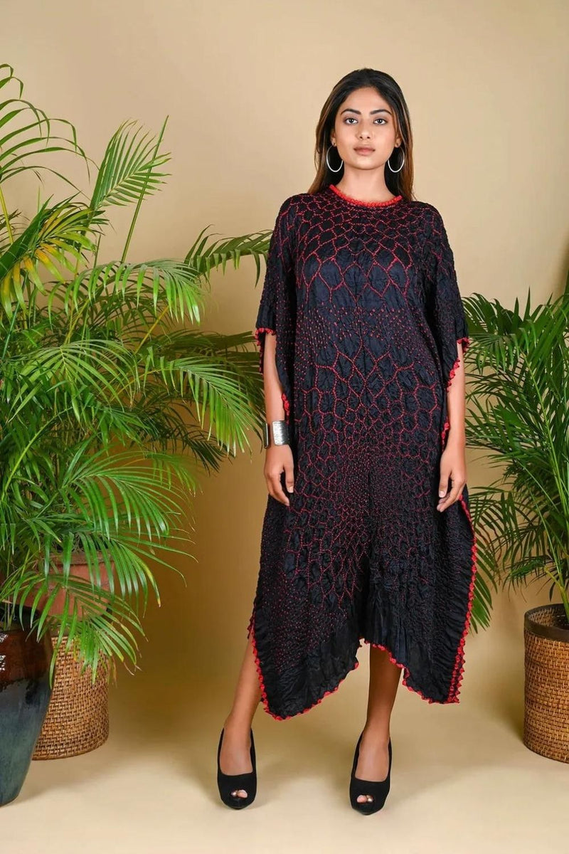 THREE FLOWERS KAFTAN-BLACK W RED DOTS silk by Dyelogue in black color for women Worldwide