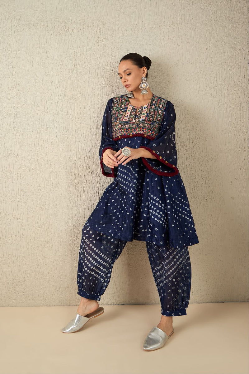 AFGHANI BANDHANI SET - Navy Blue silk by Aavidi in yellow color for women Worldwide