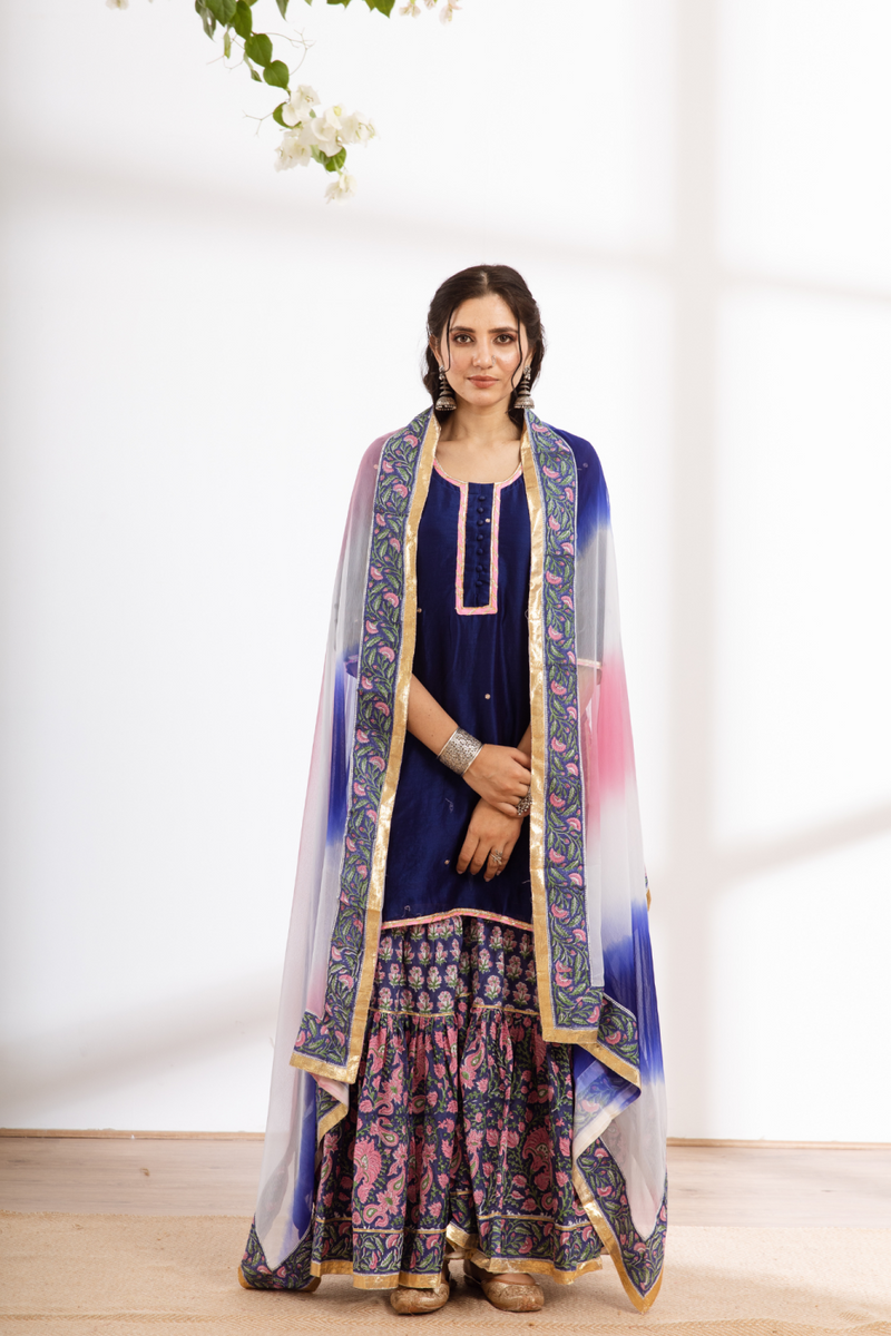 Rasika Neela Sharara Set - blue hand block printed chanderi sharara set chanderi by Maison Shefali in blue color for women Worldwide