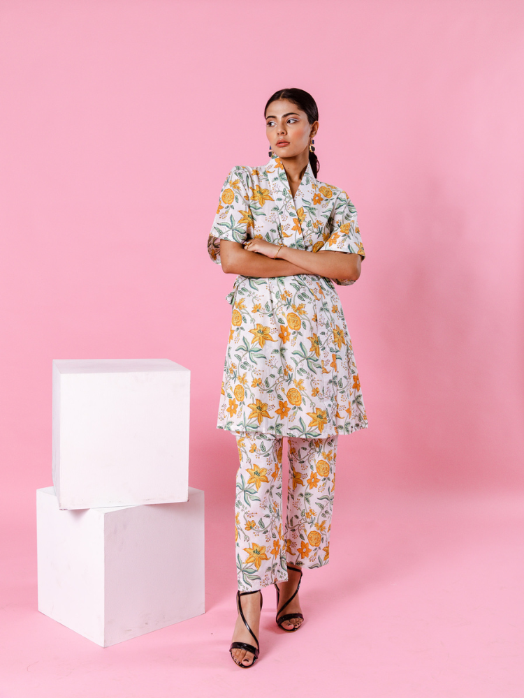 Yellow Dahlia Kimono Co-Ord Co-ord Set by Marche in white color for women Worldwide