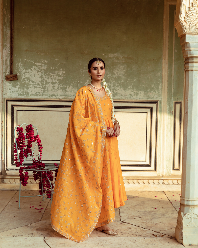 Yellow Zardozi & Gota Patti Kalidar Set silk by Maison Shefali in yellow color for women Worldwide