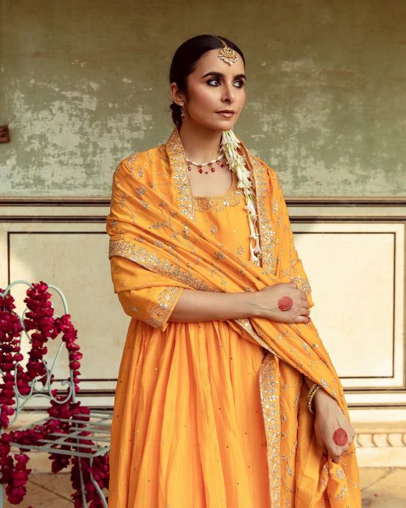 Yellow Zardozi & Gota Patti Kalidar Set silk by Maison Shefali in yellow color for women Worldwide