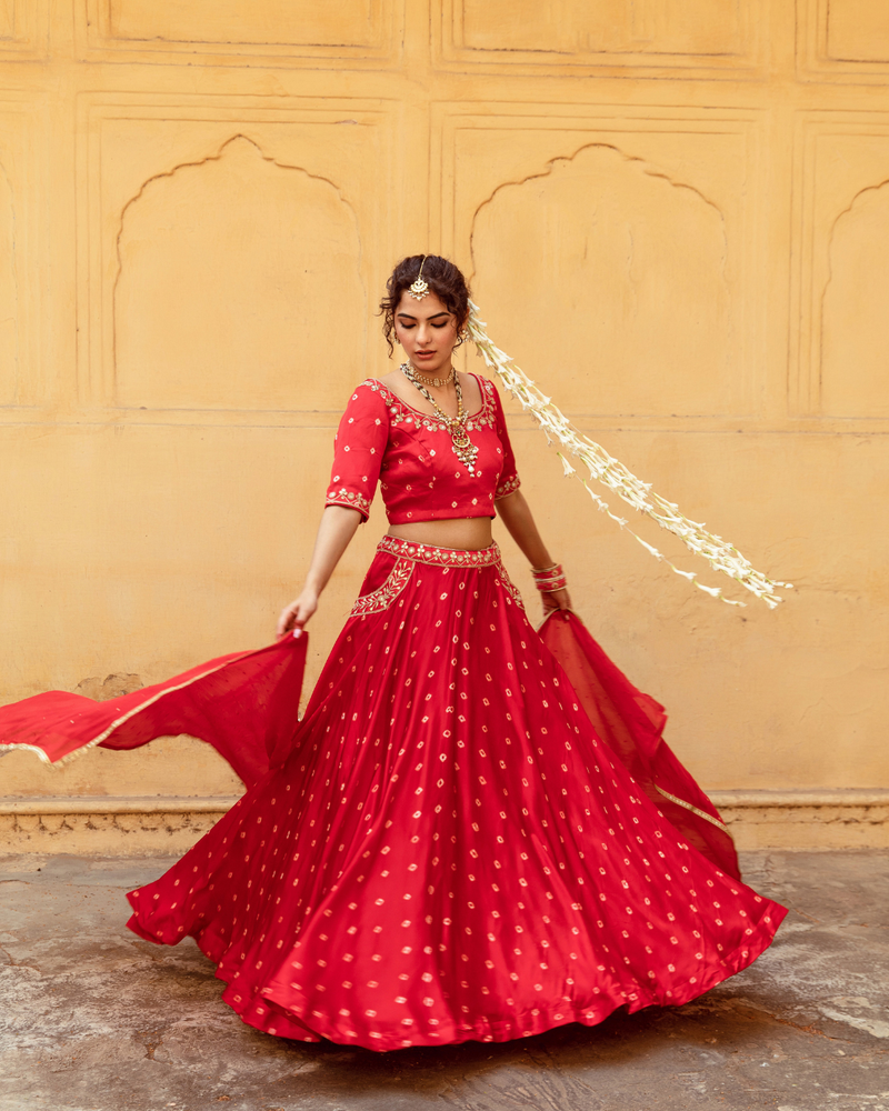 Red & White Bandhej Print Lehenga Set satin by Maison Shefali in multi color for women Worldwide