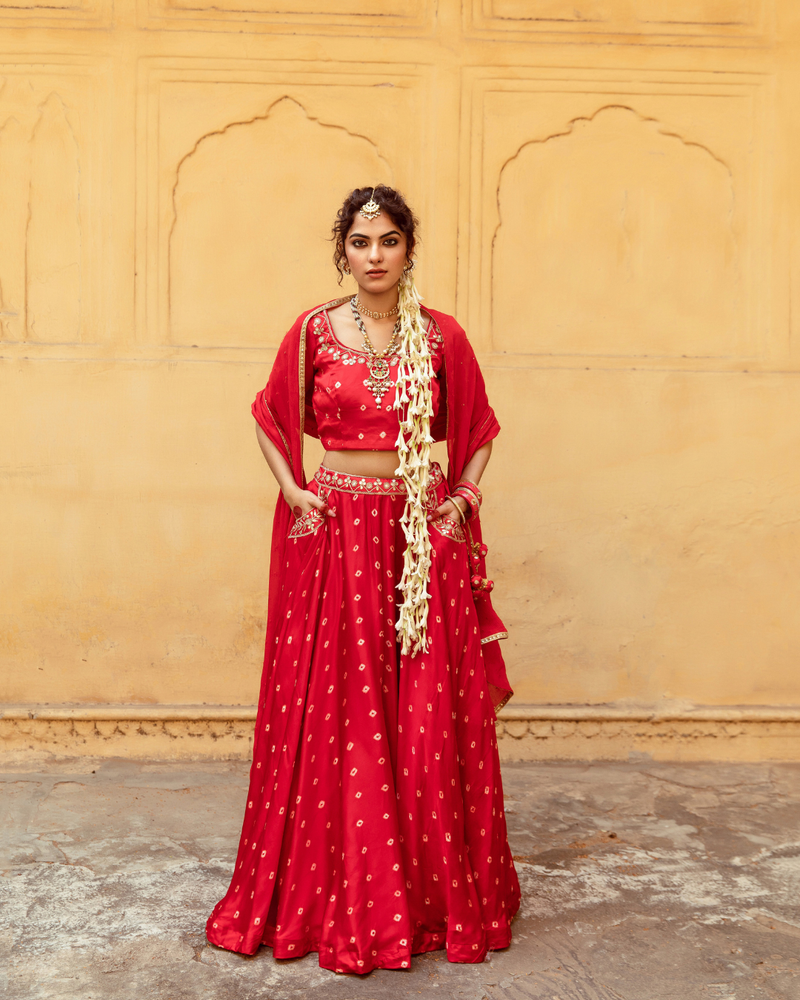 Red & White Bandhej Print Lehenga Set satin by Maison Shefali in multi color for women Worldwide