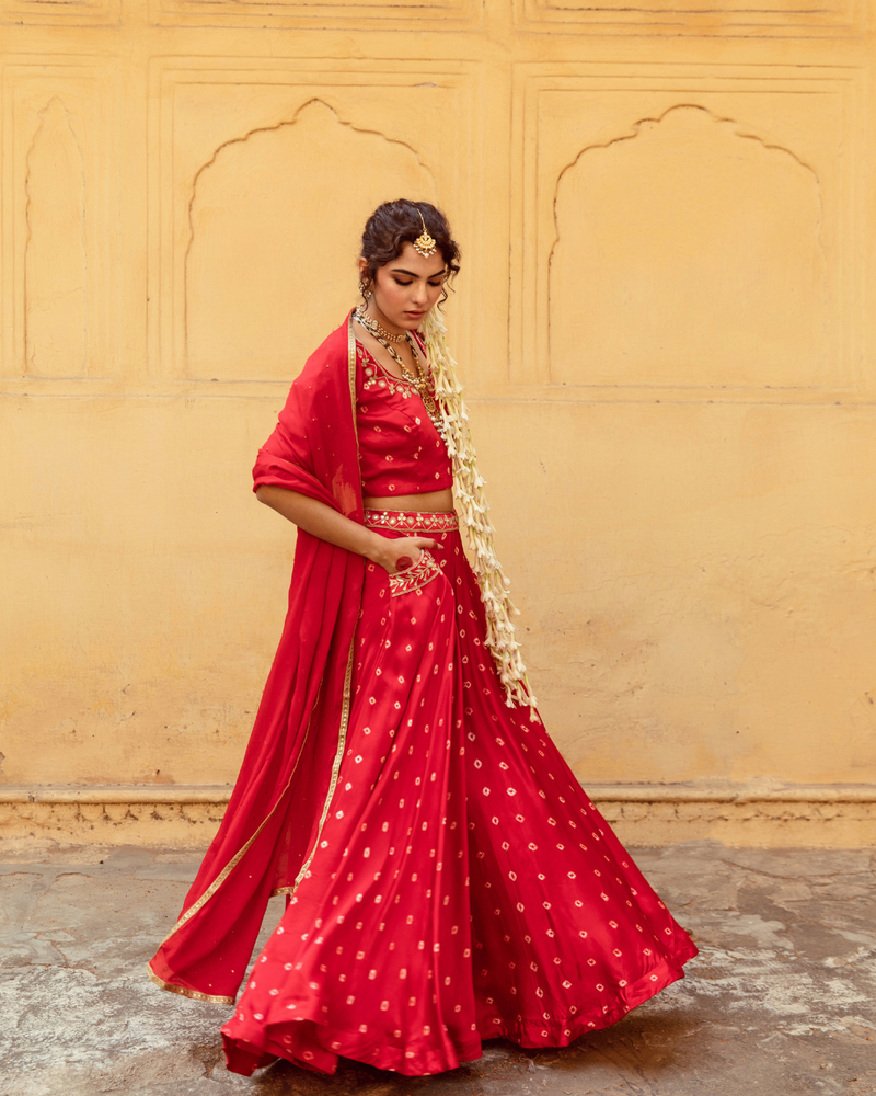 Red & White Bandhej Print Lehenga Set satin by Maison Shefali in multi color for women Worldwide