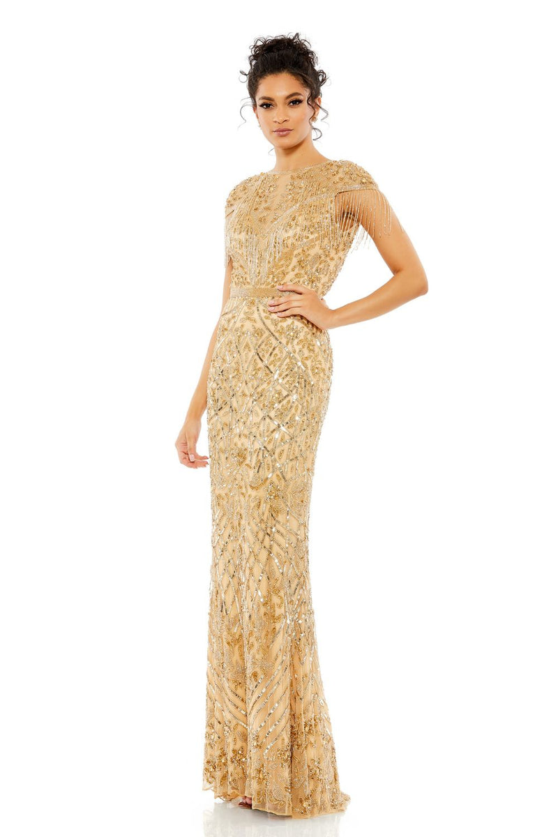 4715-Embellished Fringe Cap Sleeve Trumpet Gown by Mac Duggal in gold color for women Worldwide