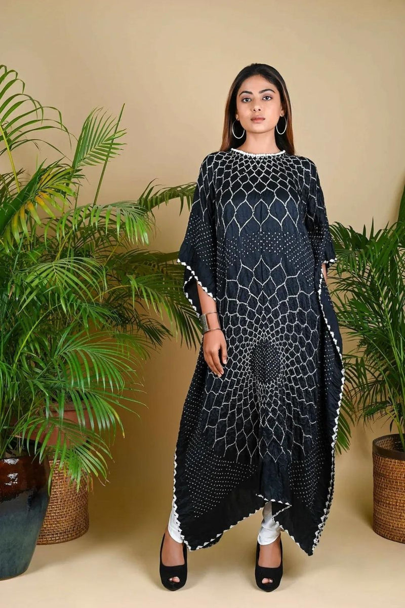 THREE FLOWERS KAFTAN-BLACK silk by Dyelogue in black color for women Worldwide