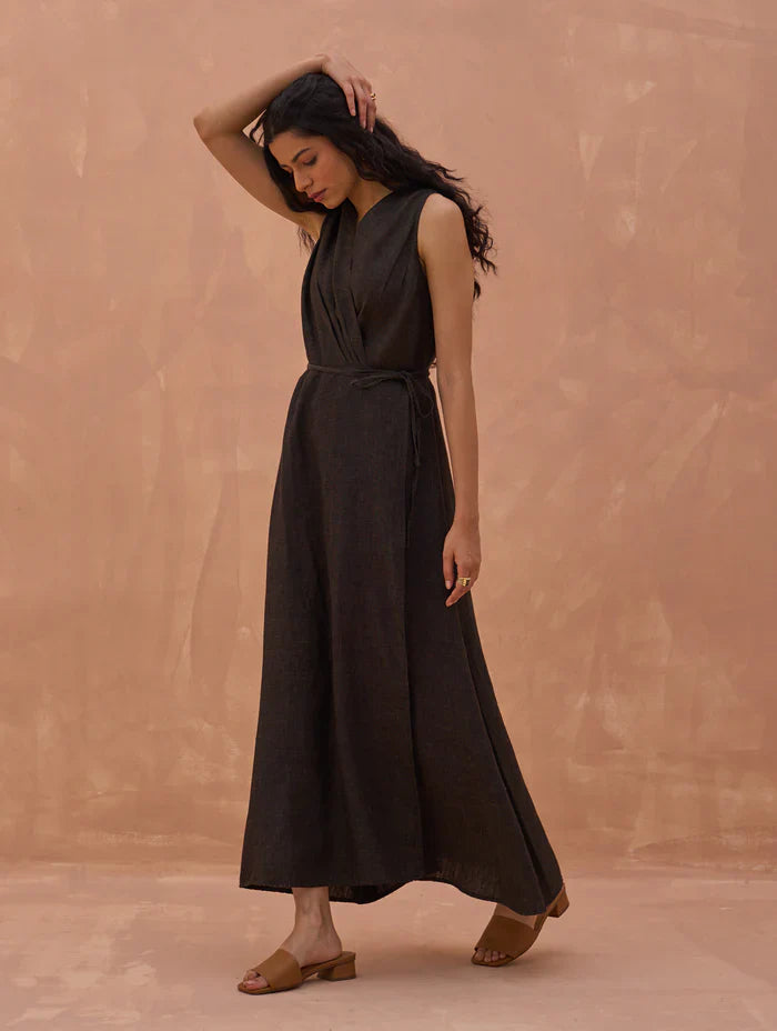 Maya Linen Wrap Dress - Charcoal by Manan in charcoal color for women Worldwide
