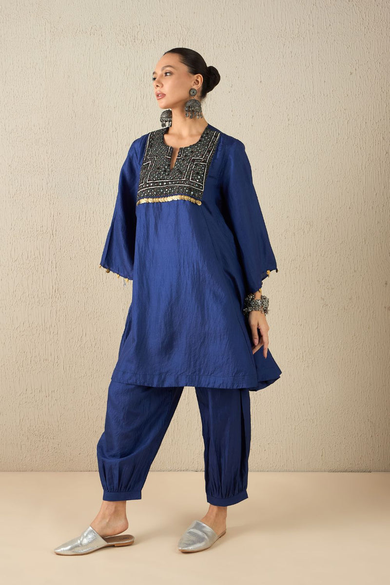 AFGHANI SILK SET - Navy Blue silk by Aavidi in yellow color for women Worldwide