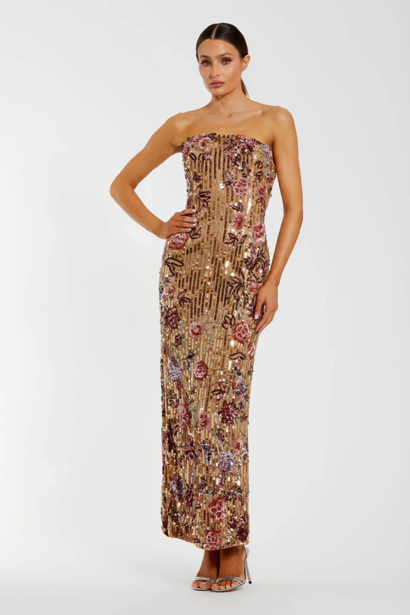 Gold Floral Embellished Strapless Column Dress mul by Mac Duggal in multi color for women Worldwide