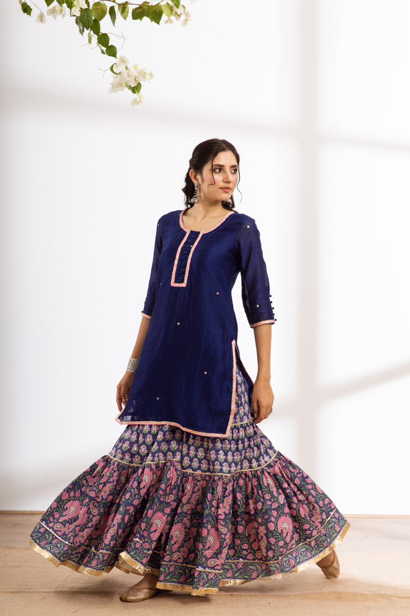 Rasika Neela Sharara Set - blue hand block printed chanderi sharara set chanderi by Maison Shefali in blue color for women Worldwide