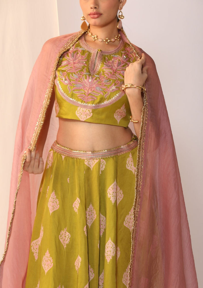 Block printed satin lehenga choli with duppata satin by Myoho in green color for women Worldwide