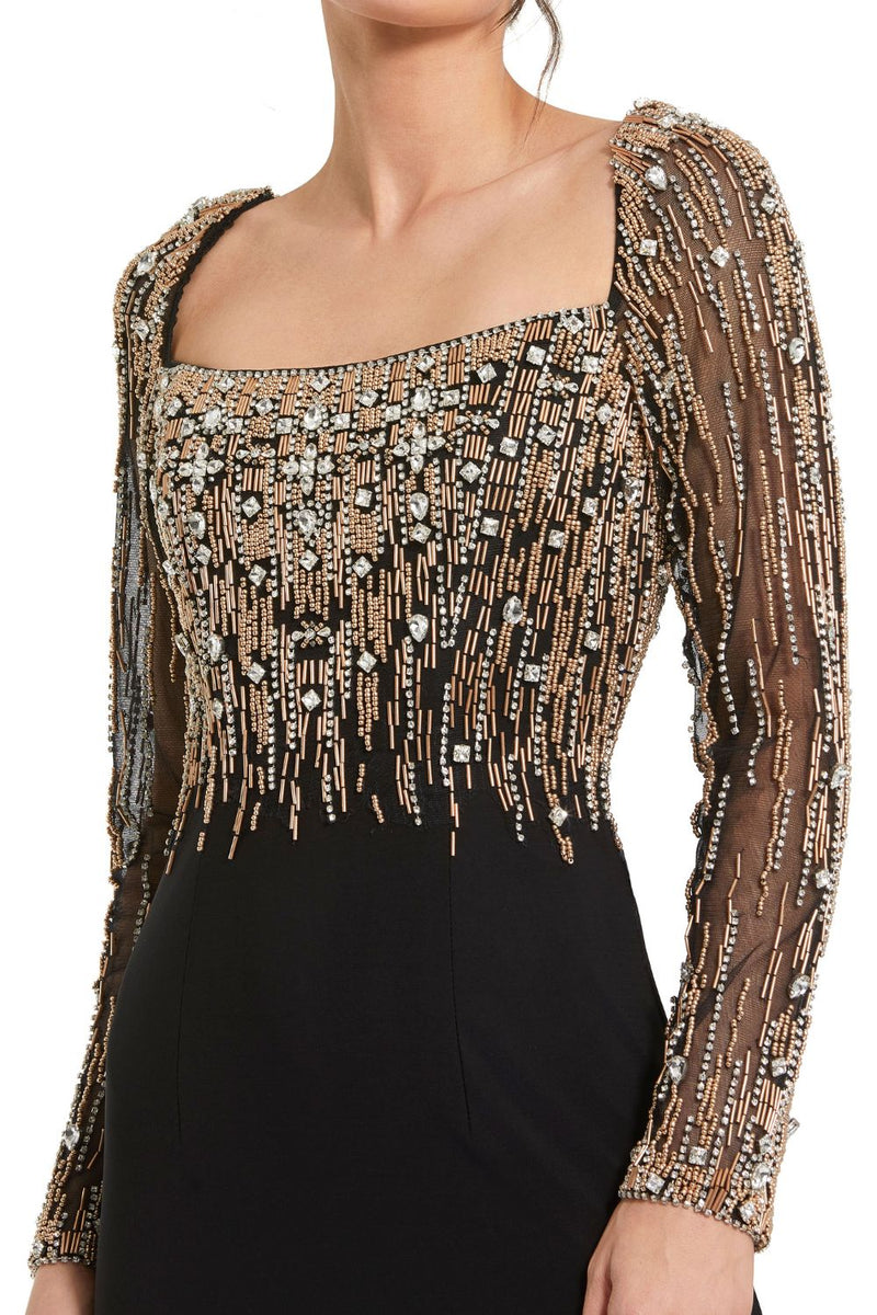 2256-Beaded Square Neck Long Sleeve Jersey Gown by Mac Duggal in black color for women Worldwide