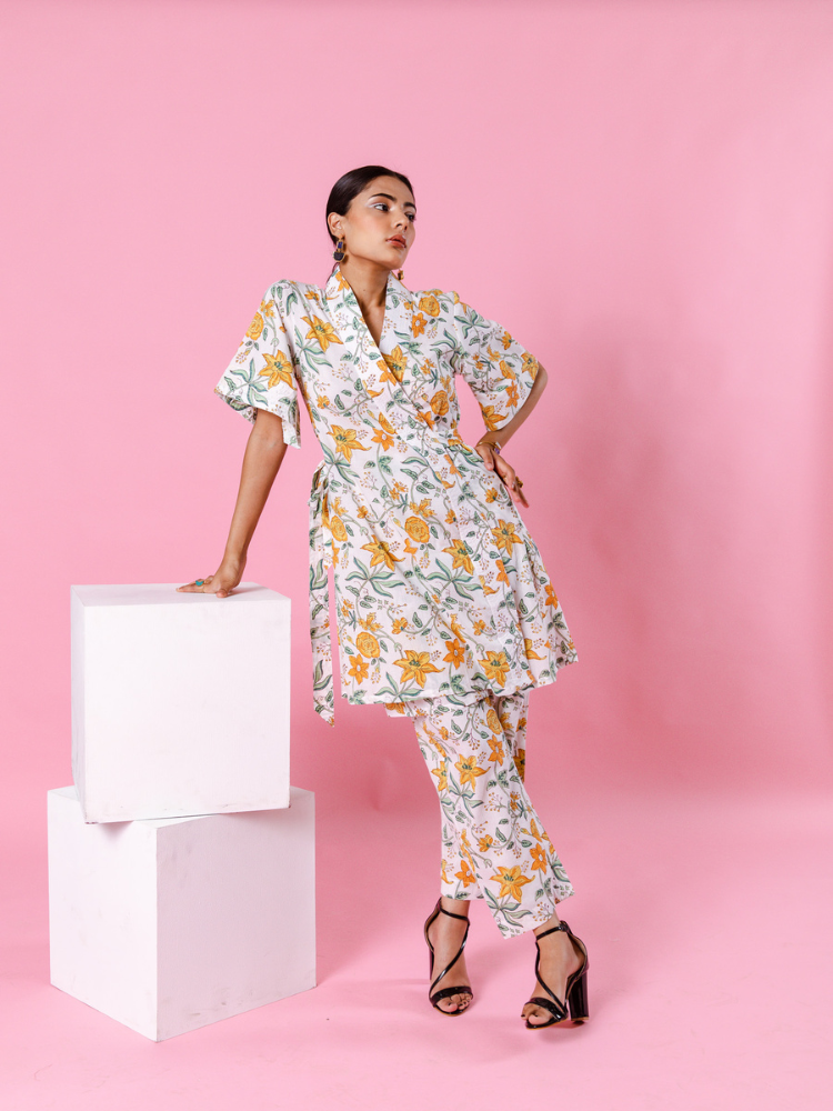 Yellow Dahlia Kimono Co-Ord Co-ord Set by Marche in white color for women Worldwide