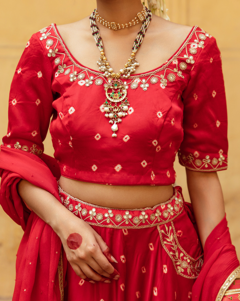 Red & White Bandhej Print Lehenga Set satin by Maison Shefali in multi color for women Worldwide