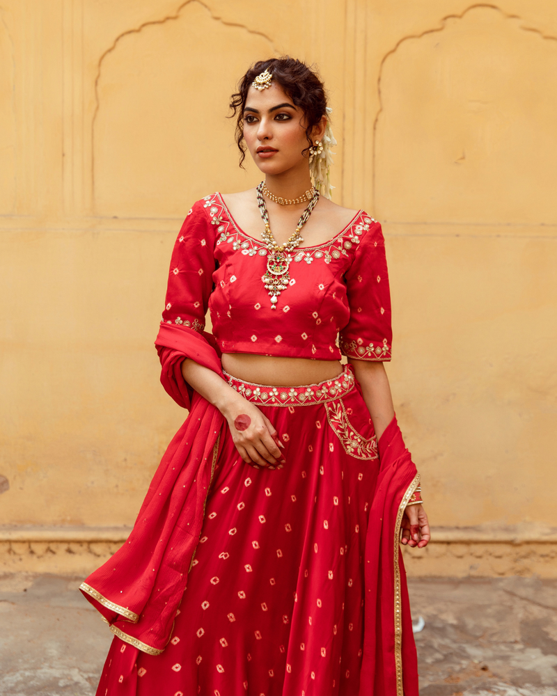 Red & White Bandhej Print Lehenga Set satin by Maison Shefali in multi color for women Worldwide