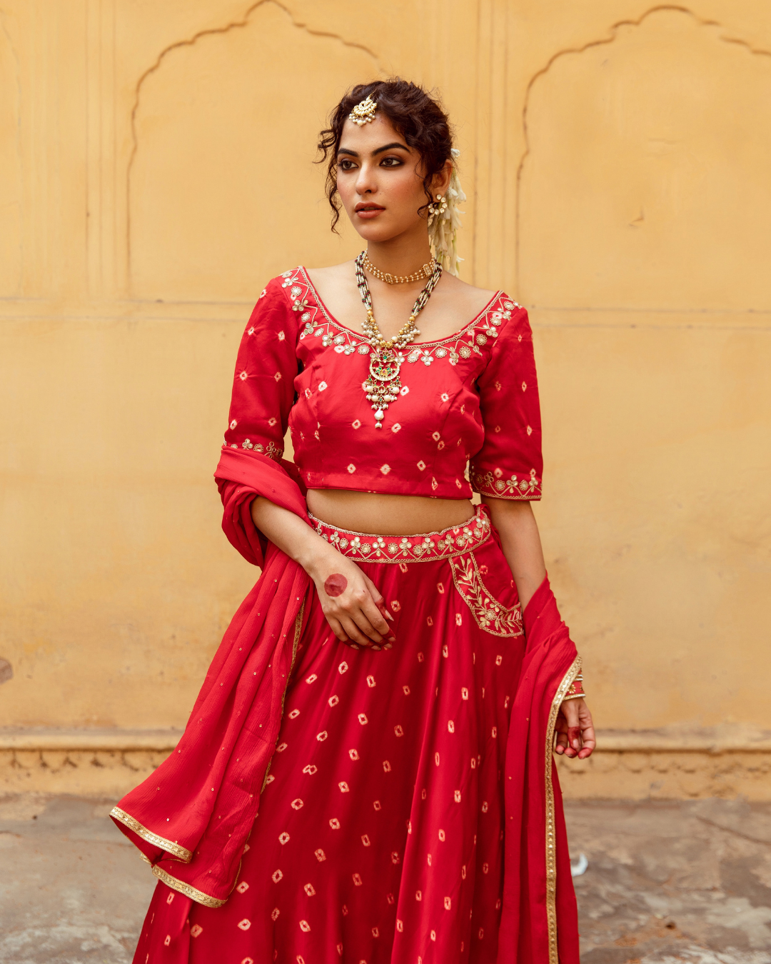 Red & White Bandhej Print Lehenga Set