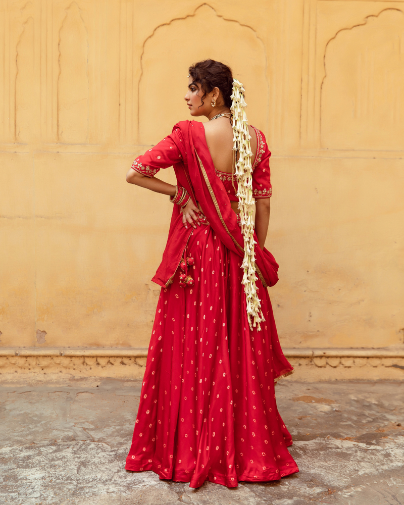Red & White Bandhej Print Lehenga Set satin by Maison Shefali in multi color for women Worldwide