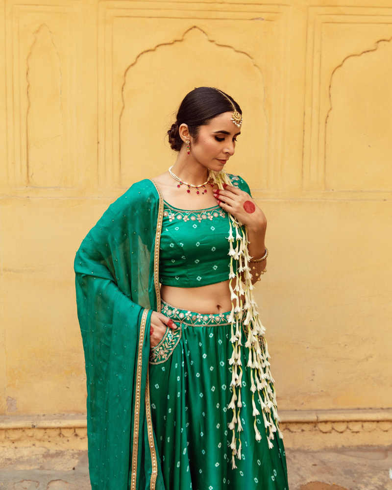 Green & White Bandhej Print Lehenga Set satin by Maison Shefali in multi color for women Worldwide