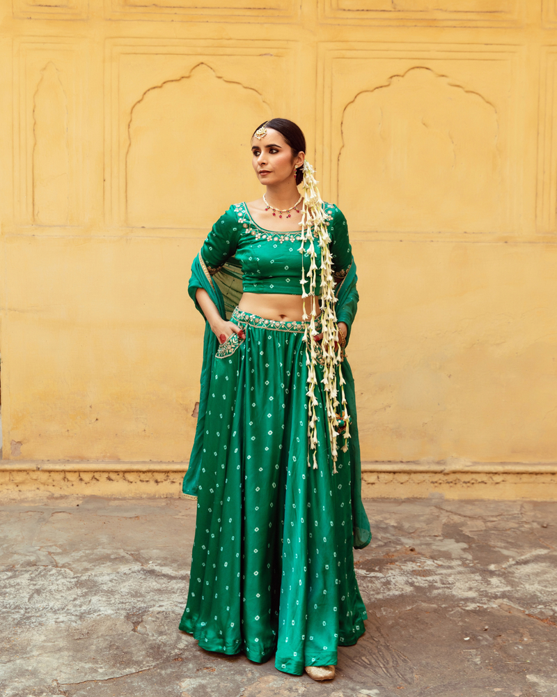 Green & White Bandhej Print Lehenga Set satin by Maison Shefali in multi color for women Worldwide